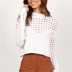 White Cropped Open Knit Pom Pom Sweater